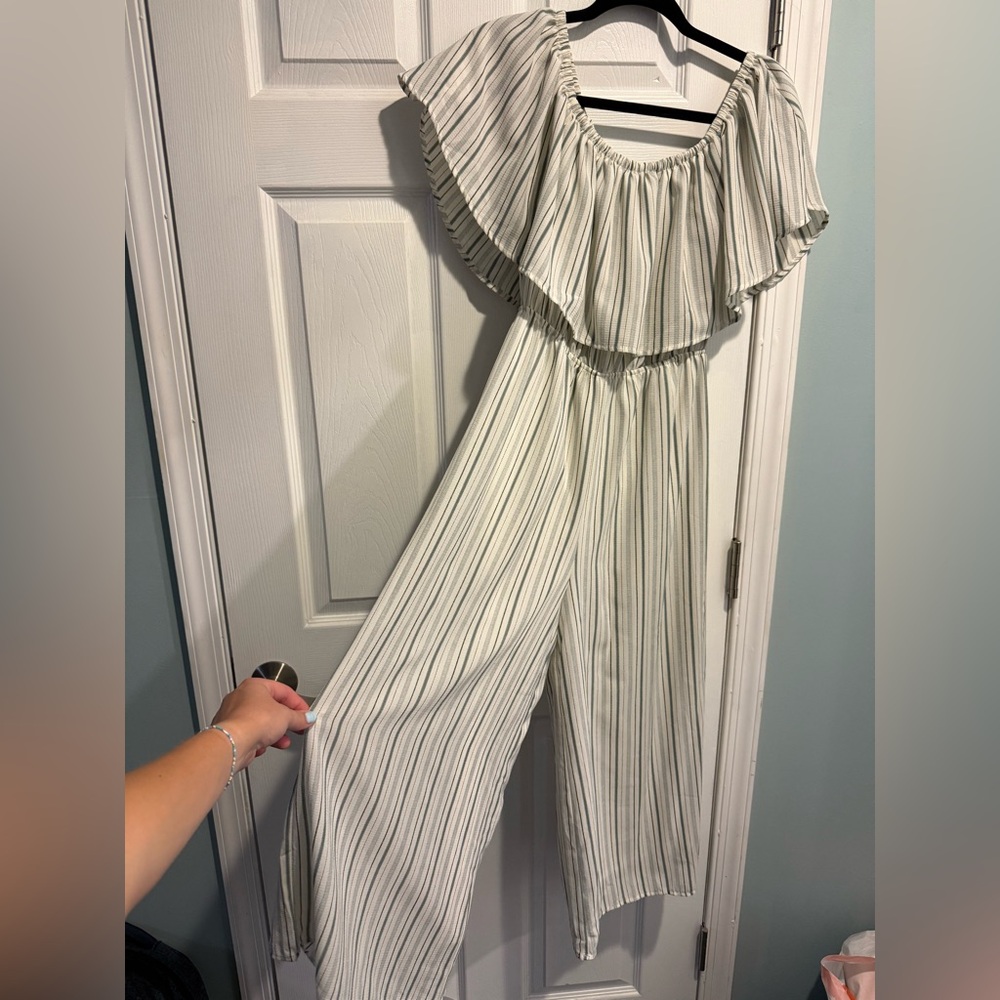 Sage Green and White Striped Off-Shoulder Jumpsuit